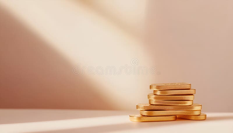 Barras y monedas de oro apiladas en mesa luminosa sobre fondo beige foco selectivo foto de archivo