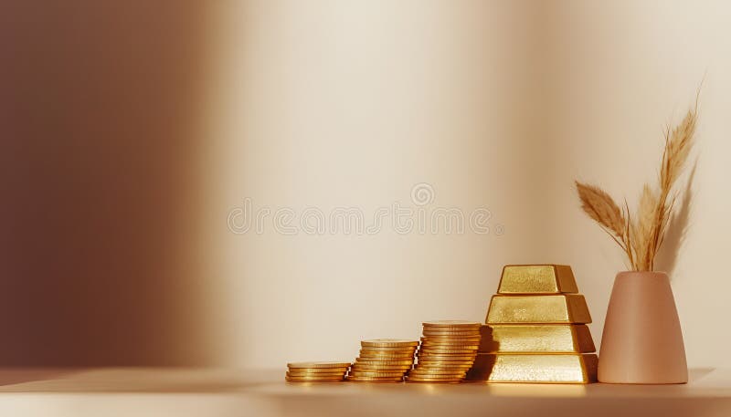Barras y monedas de oro apiladas en mesa luminosa sobre fondo beige foco selectivo foto de archivo libre de regalías