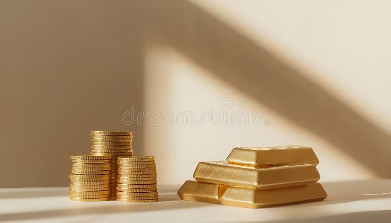 Barras y monedas de oro apiladas en mesa luminosa sobre fondo beige foco selectivo imagenes de archivo