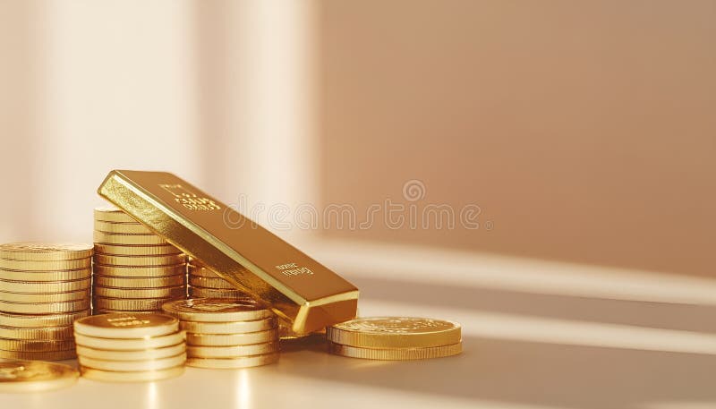 Barras y monedas de oro apiladas en mesa luminosa sobre fondo beige foco selectivo imagenes de archivo