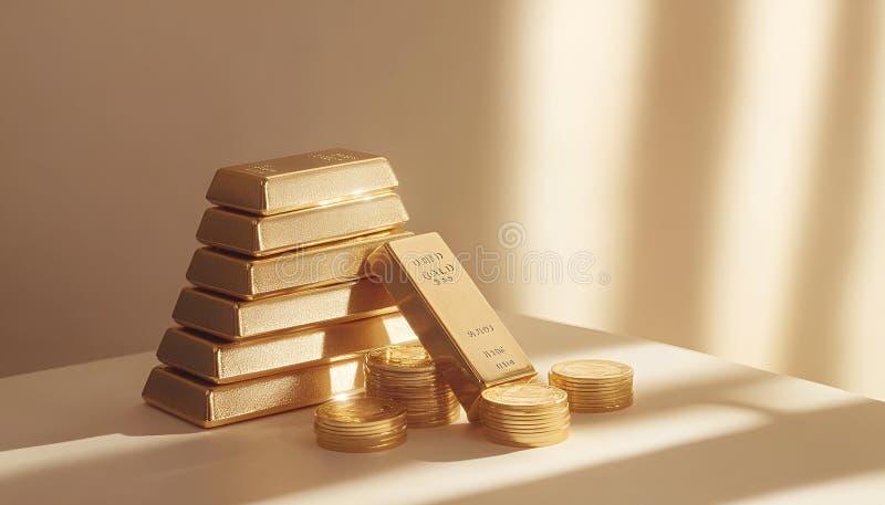 Barras y monedas de oro apiladas en mesa luminosa sobre fondo beige foco selectivo imagen de archivo libre de regalías