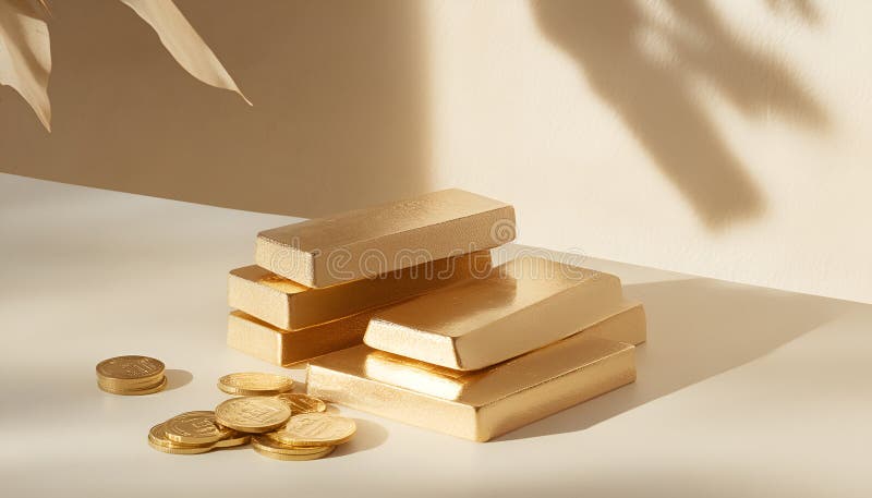 Barras y monedas de oro apiladas en mesa luminosa sobre fondo beige foco selectivo imagenes de archivo