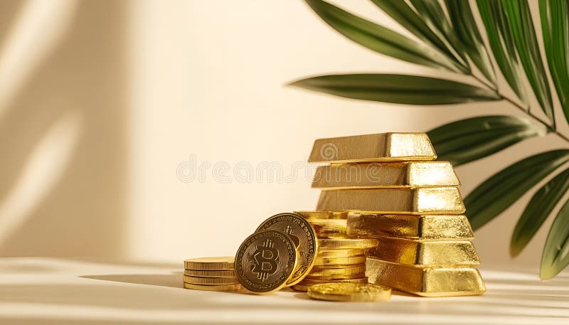 Barras y monedas de oro apiladas en mesa luminosa sobre fondo beige foco selectivo imagenes de archivo