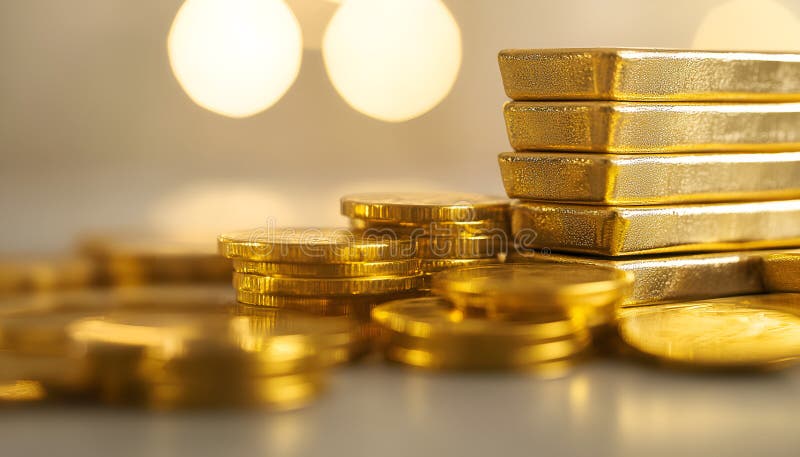 Barras y monedas de oro apiladas en mesa luminosa sobre fondo beige foco selectivo fotos de archivo