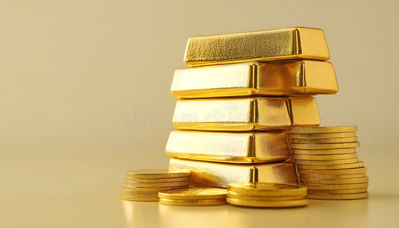 Barras y monedas de oro apiladas en mesa luminosa sobre fondo beige foco selectivo foto de archivo