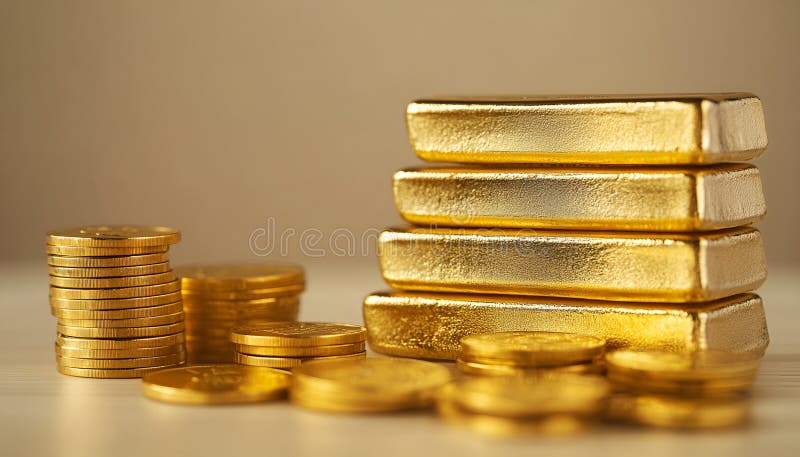 Barras y monedas de oro apiladas en mesa luminosa sobre fondo beige foco selectivo imágenes de archivo libres de regalías