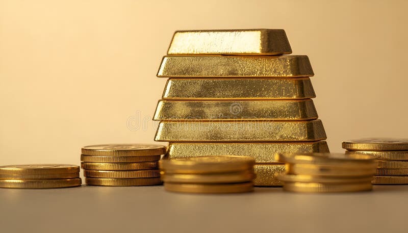 Barras y monedas de oro apiladas en mesa luminosa sobre fondo beige foco selectivo imagenes de archivo
