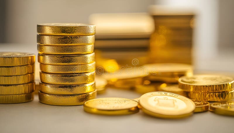 Barras y monedas de oro apiladas en mesa luminosa sobre fondo beige foco selectivo fotografía de archivo libre de regalías