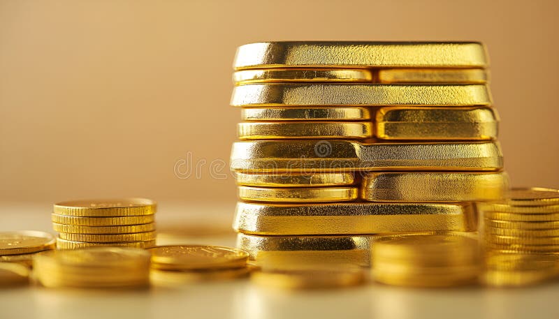 Barras y monedas de oro apiladas en mesa luminosa sobre fondo beige foco selectivo fotografía de archivo libre de regalías