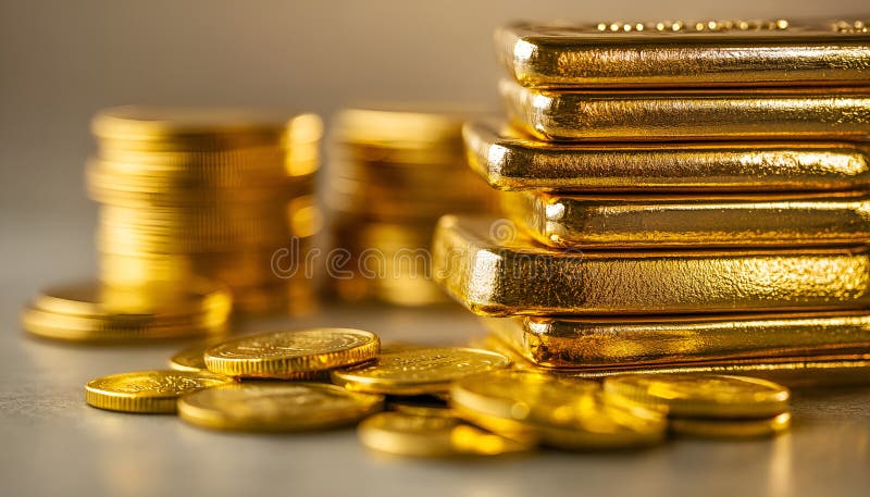Barras y monedas de oro apiladas en mesa luminosa sobre fondo beige foco selectivo fotografía de archivo