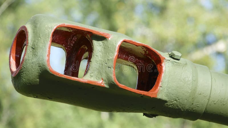 The barrel flame arrester of the cannon of the Second World War. Flame arrester stock images, royalty-free photos and pictures