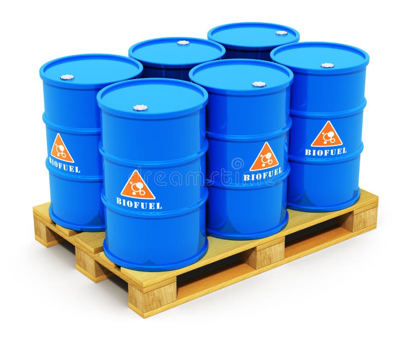 Barrels with biofuel on shipping pallet