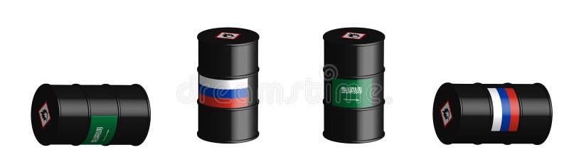 Barrels with the flags of Russia and Saudi Arabia, confrontation and the struggle for the oil market, OPEC. Isolated vector on vector illustration Barrels with the flags of Russia and Saudi Arabia, confrontation and the struggle for the oil market, OPEC. Isolated vector on vector illustration