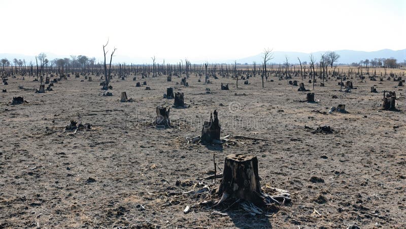 Barren field with charred tree stumps and hazy mountains. Image is generated with the use of Artificial Intelligence tools.