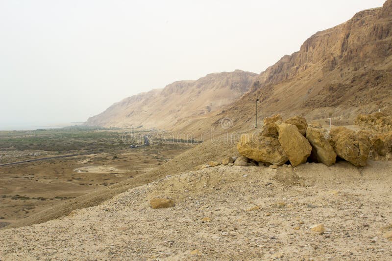 The barren mountainous wilderness at Qumran the historic archaeological site of the Dead Sea Scrolls in Israel