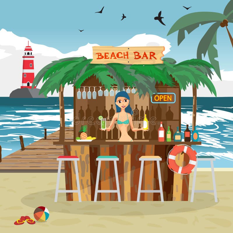 Barrez les pavillons avec la femme de barman sur la côte d'océan de plage illustration libre de droits Barrez les pavillons avec la femme de barman sur la côte d'océan de plage illustration libre de droits