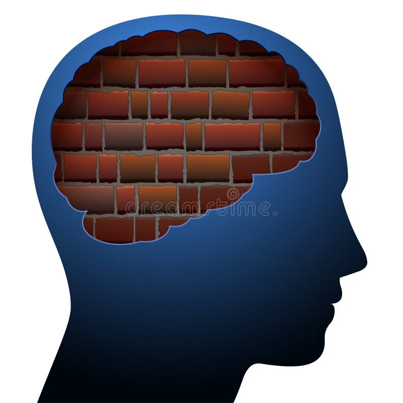 Mental block. Thinking barrier. Symbolized with a brick wall in the brain of a young person. Mental block. Thinking barrier. Symbolized with a brick wall in the brain of a young person.