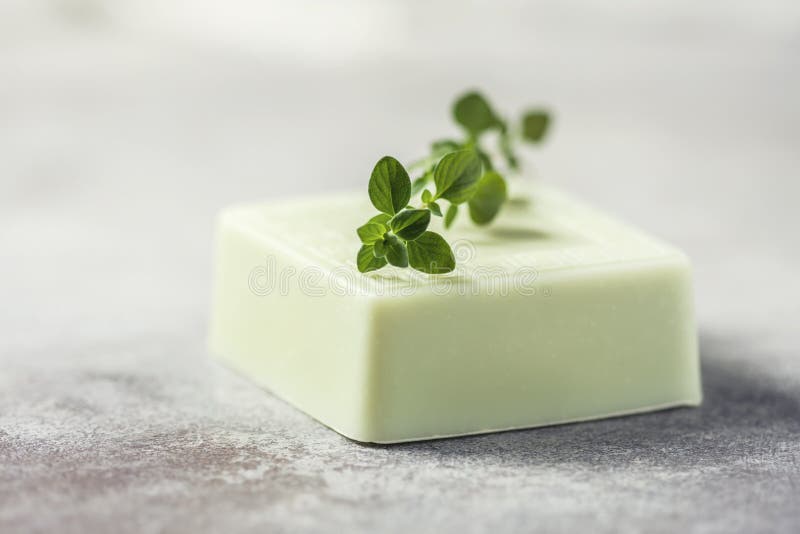 Bars of Handmade Soap with Thyme, the Concept of Spa and Health. Stock