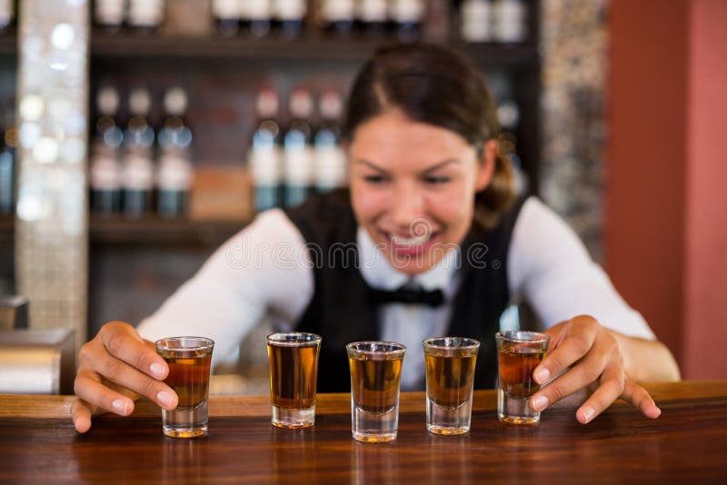 Bartender Placing Shot Glasses Bar Counter Stock Photos Free