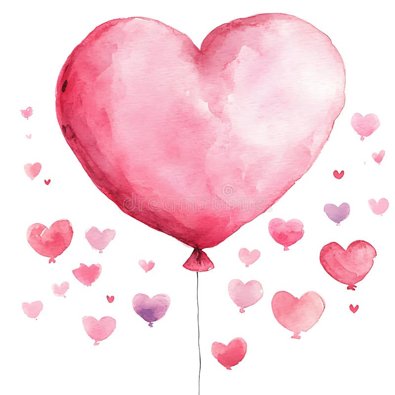 Barwa wodna ilustracja dużego balonu w kształcie serca z mniejszymi balonami serca rozrzuconymi wokół ilustracja wektor