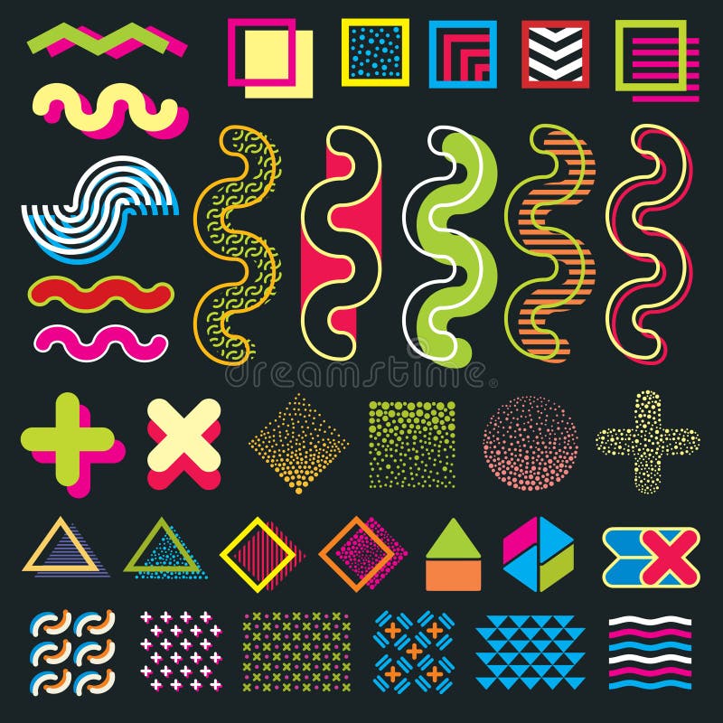 Barwi minimalnych graficznych Memphis projekta elementy dla moda wzorów w 80s stylu ilustracji