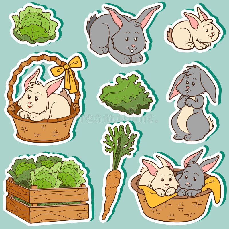 Barwi set śliczni zwierze domowy i przedmioty, wektorowi króliki ilustracja wektor