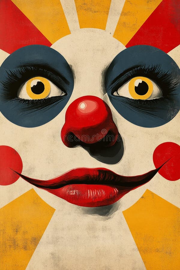 Barwna, vintage clown face ma wyraźne niebieskie oczy czerwony nos i żywy makijaż uczczający zabawę zdjęcia royalty free