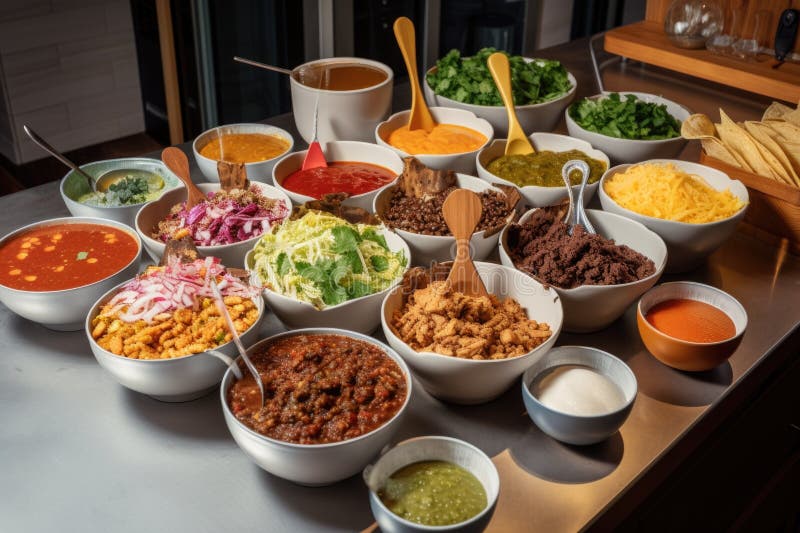 Bară de taco pentru fuziune cu diferite tipuri de salase tacos și toppinguri disponibile stock illustration