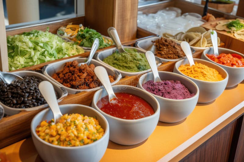 Bară de taco pentru fuziune cu diferite tipuri de salase tacos și toppinguri disponibile stock illustration