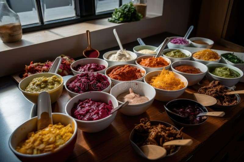 Bară de taco pentru fuziune cu diferite tipuri de salase tacos și toppinguri disponibile stock illustration