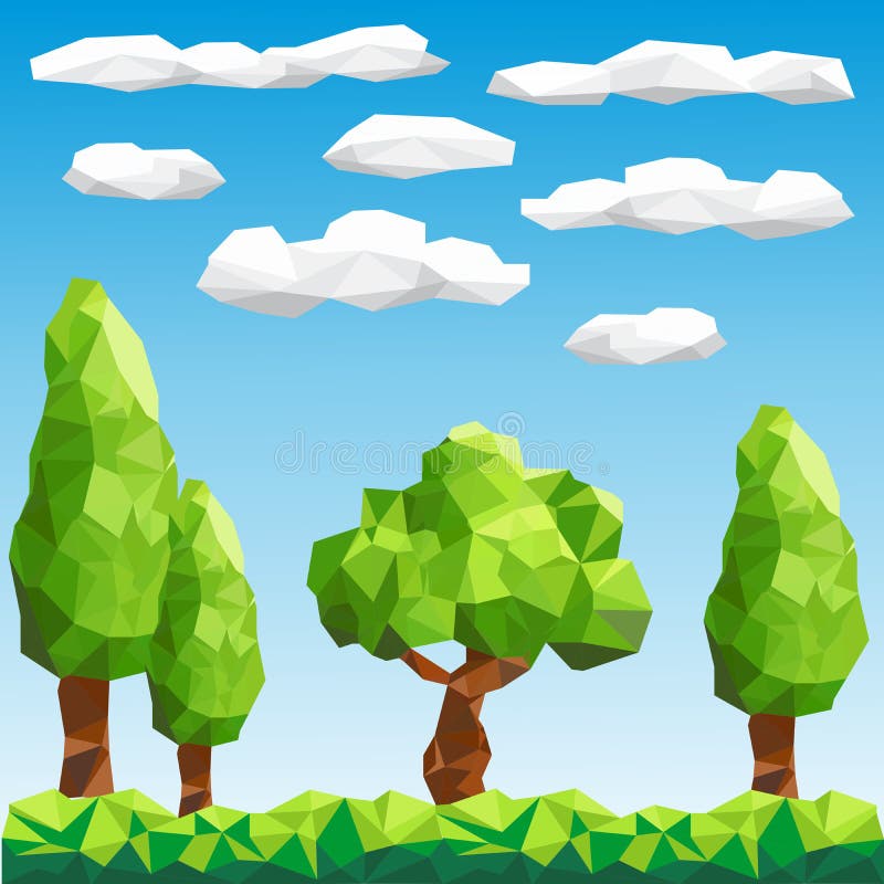 Bas poly arbres de vecteur sur le paysage illustration stock Bas poly arbres de vecteur sur le paysage illustration stock