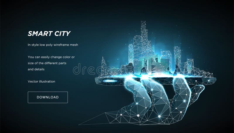 Bas poly wireframe de ville futée Futur abrégé sur ou métropole ville Le concept contrôlent la ville du téléphone Vecteur 3D