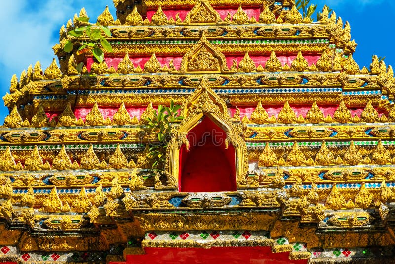 bas-relief Facade Close up of beautiful temple Wat Samai Kongka on Ko Pha Ngan, Thailand.