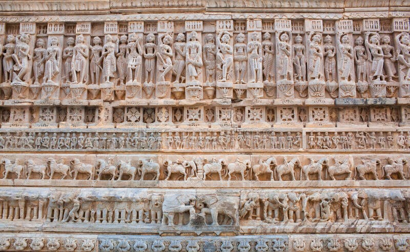 Bas-relief at famous ancient Jagdish Temple in Udaipur, Rajasthan, India. It has been in continuous worship since 1651