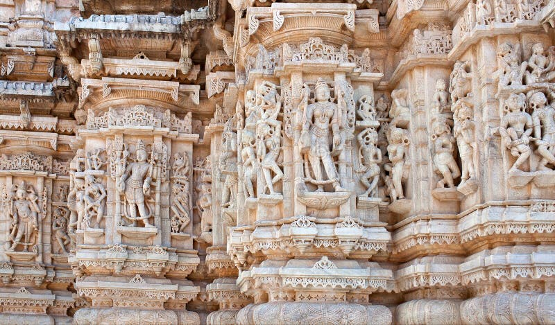 Bas-relief at famous Ranakpur Jain temple in Rajasthan, India