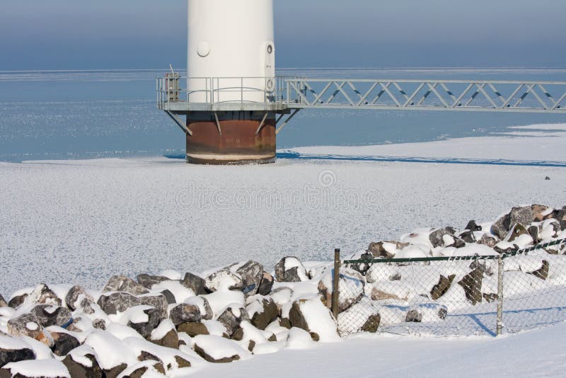 Base of a big Dutch offshore windturbine in a frozen sea