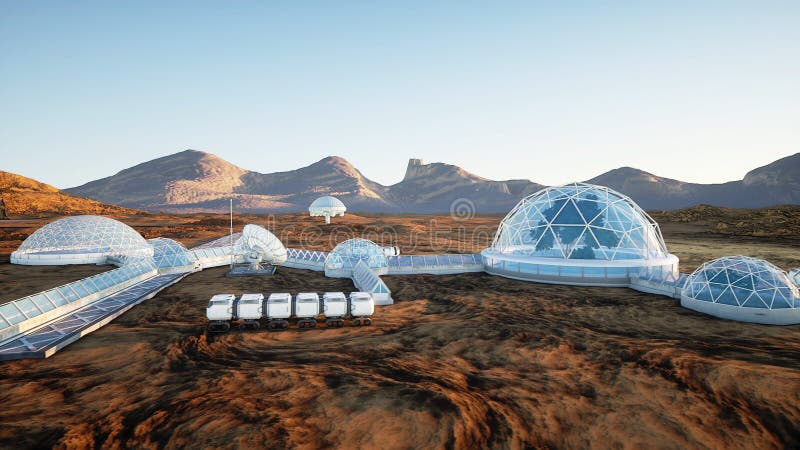 Base de Mars, colonie Expédition sur la planète étrangère Silhouette d'homme se recroquevillant d'affaires Capsyles de Geo la dur illustration de vecteur