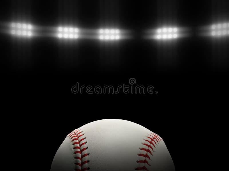 Baseball Ball on a Black Background Under Stadium Lights Stock Image