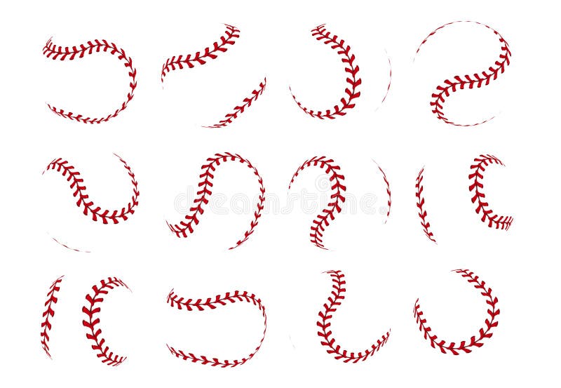 Baseball ball lace. Realistic softball stroke lines for sport logo and banners. Vector set isolated on white