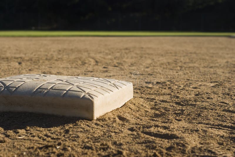 A closeup view of a baseball base in a dirt baseball or softball field.
