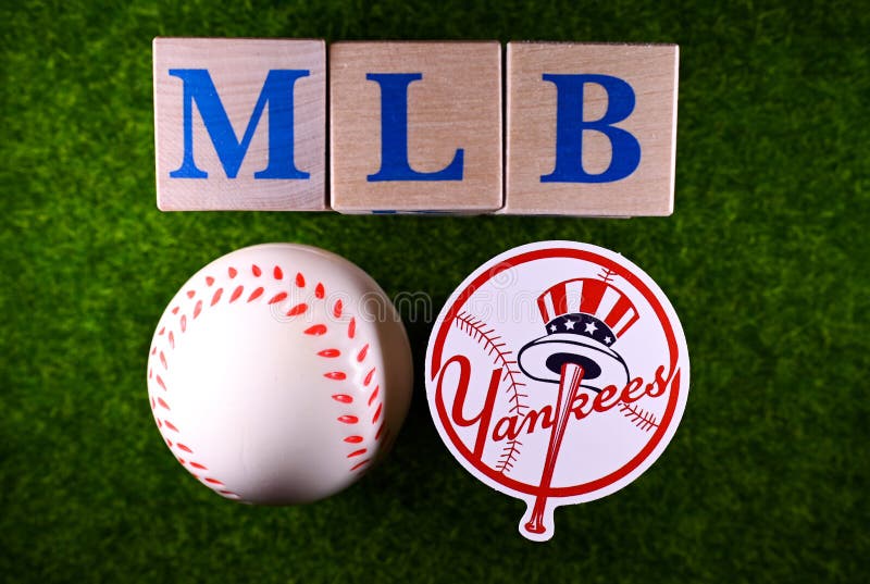 January 27, 2023, Cooperstown, USA. The emblem of the New York Yankees baseball club on the green lawn of the stadium