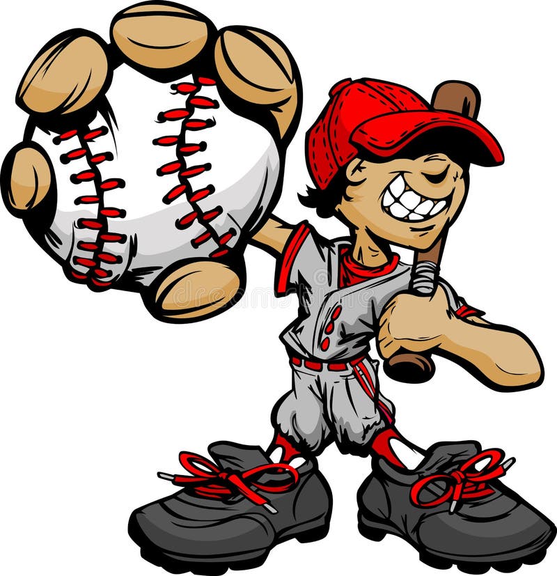 Baseball e blocco della holding del giocatore di baseball del bambino illustrazione di stock Baseball e blocco della holding del giocatore di baseball del bambino illustrazione di stock