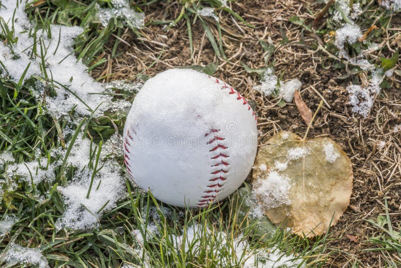 Baseball on grassy field covered in light dusting of snow