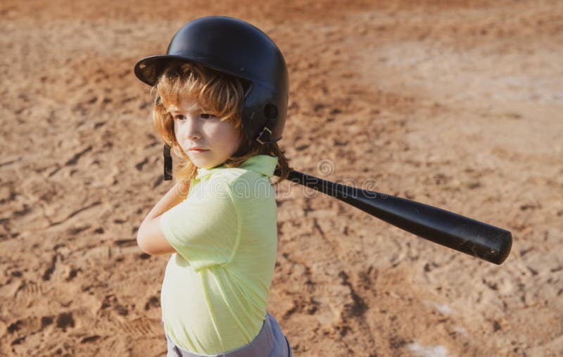 Baseball Kid Players in Helmet and Baseball Bat in Action. Stock Image