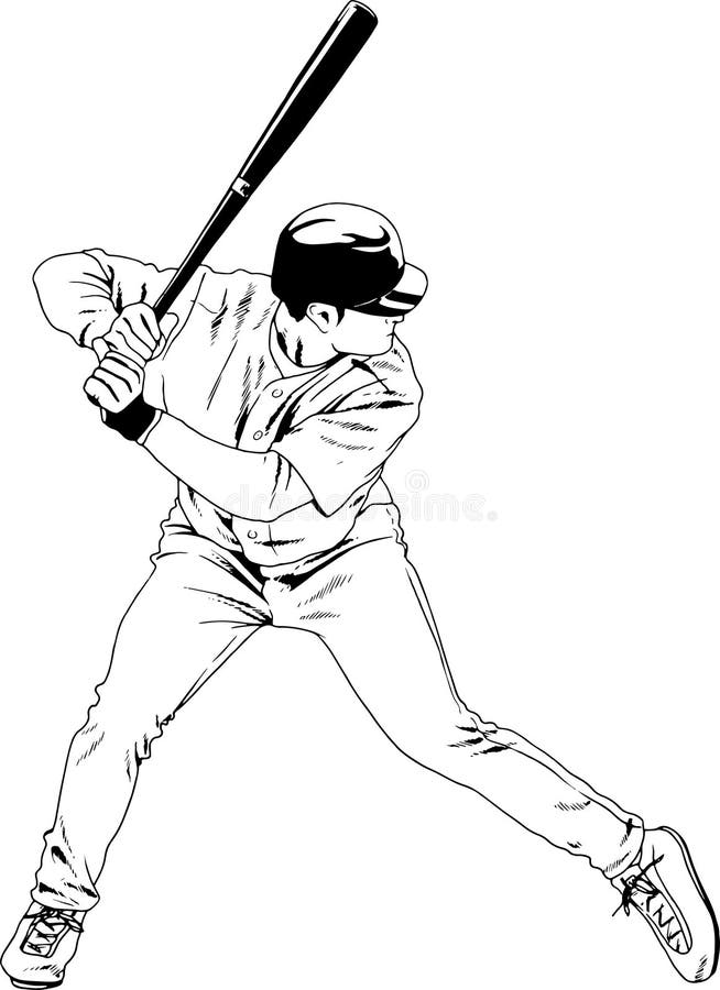 A Baseball Player with a Bat Drawn in Ink by Hand Stock Vector