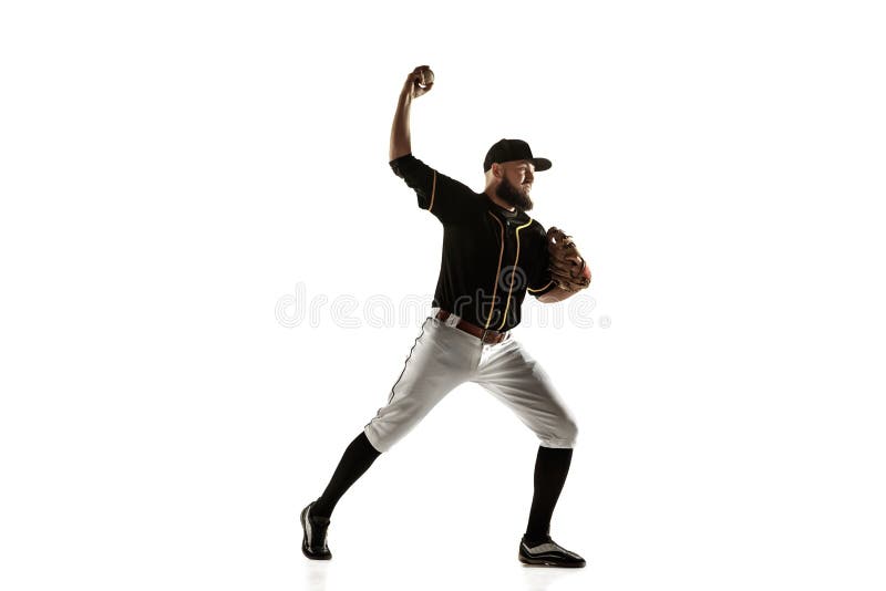 Baseball Player, Pitcher in a Black Uniform Practicing on a White