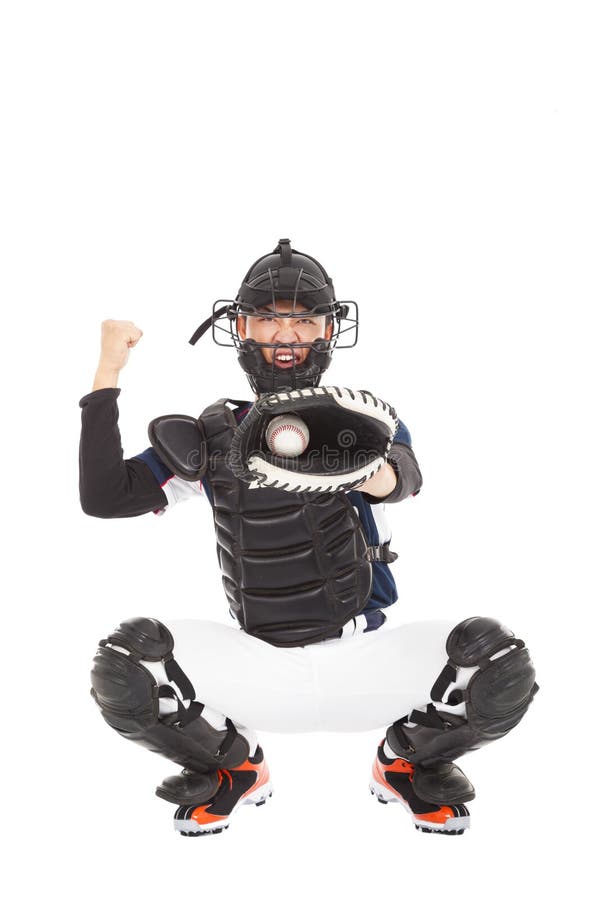 Baseball-Spieler, der Fänger, Signal zeigend, schlagen heraus lizenzfreie stockfotos Baseball-Spieler, der Fänger, Signal zeigend, schlagen heraus lizenzfreie stockfotos