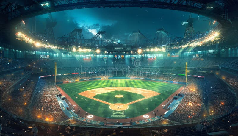 A baseball stadium with a crowd of people watching a game by image royalty free stock photo.