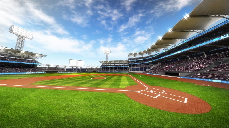 Baseball stadium with fans at sunny weather