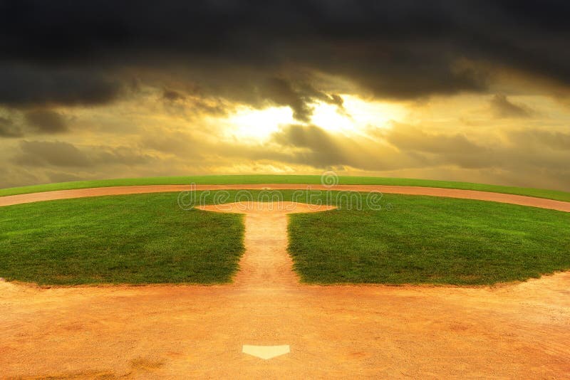 A Baseball field looking out to an endless curved horizon and a dark stormy sky. A Baseball field looking out to an endless curved horizon and a dark stormy sky